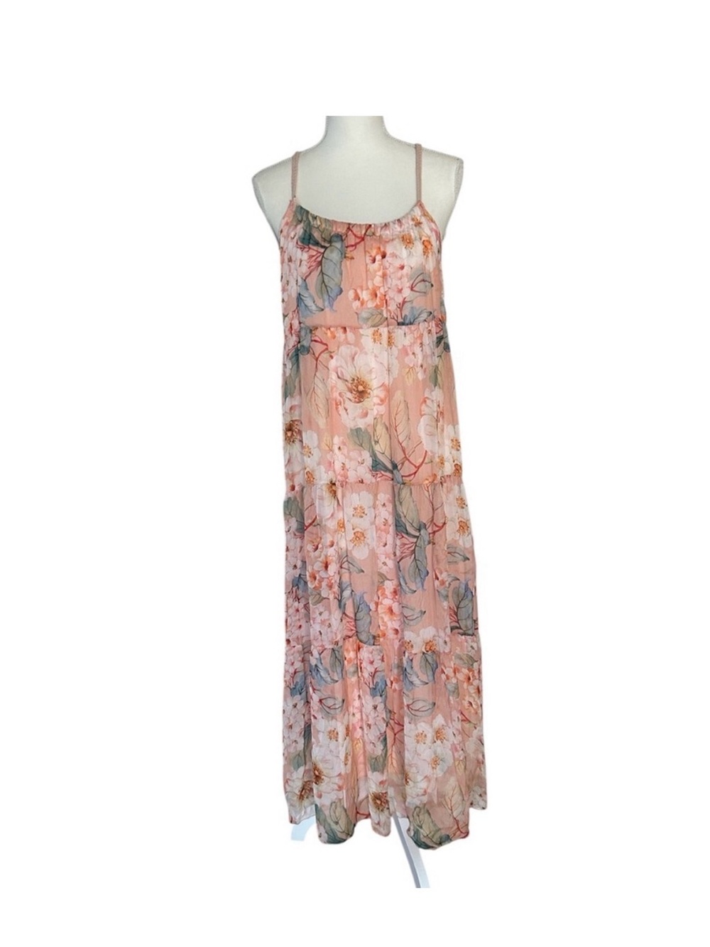 NWT Elena Baldi Peach Floral Tiered Maxi Dress Size M Italian Silk Blend